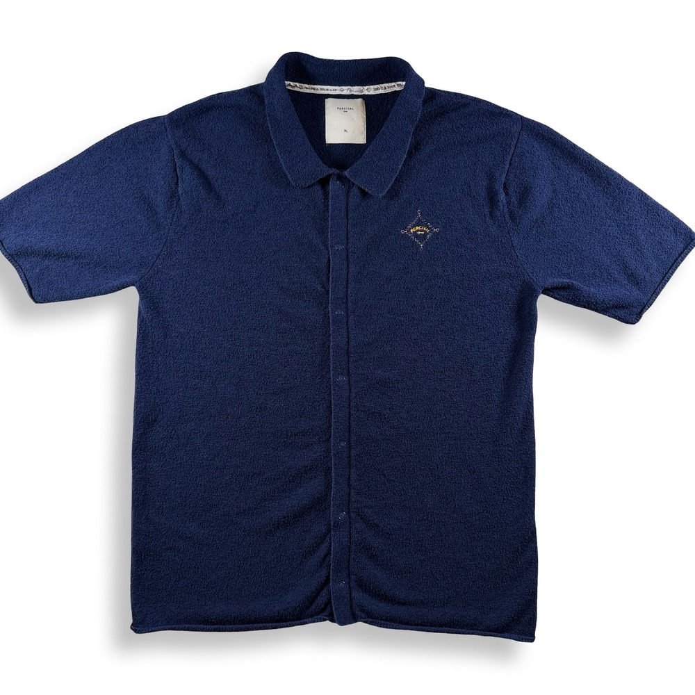 Percival Mens XL Navy Blue Terry Knit Short Sleeve Button Down Shirt Logo A426